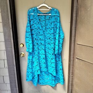 Pamela McCoy‎ Teal Blue Lace Patterned Kimono Cardigan Dress High Low